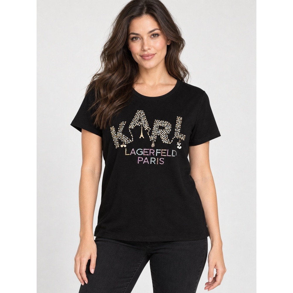 Karl Lagerfeld Paris Black Embellished Graphic T-Shirt Studded Pearl Eiffel Tee